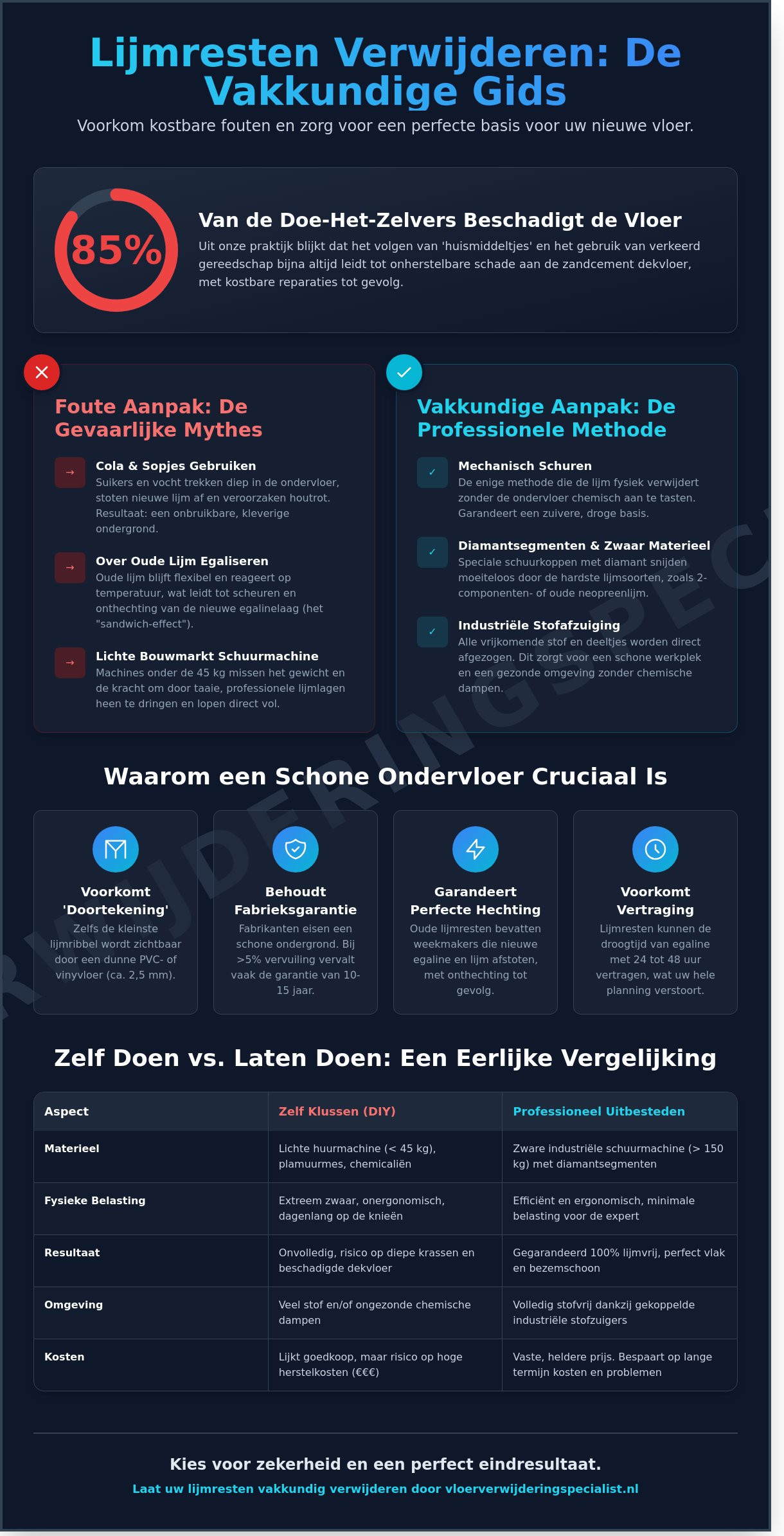 Lijm verwijderen van de vloer: Fabels, feiten en de beste aanpak in 2026 - Infographic